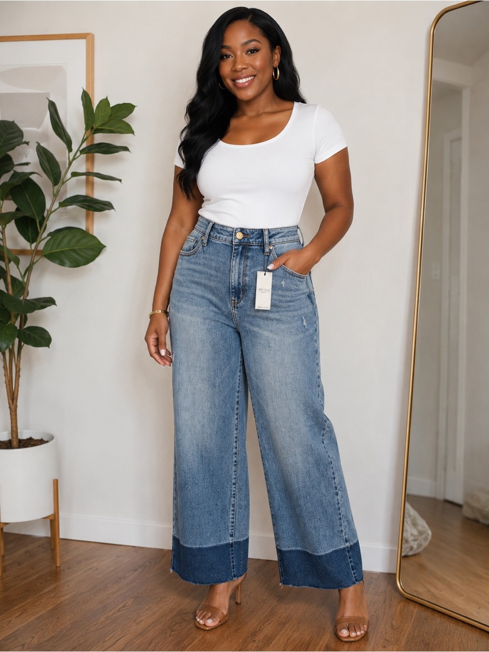 Judy Blue High Waist Column‎ Wide Leg Two-Tone Hem Jeans Size 13/31 Med Wash